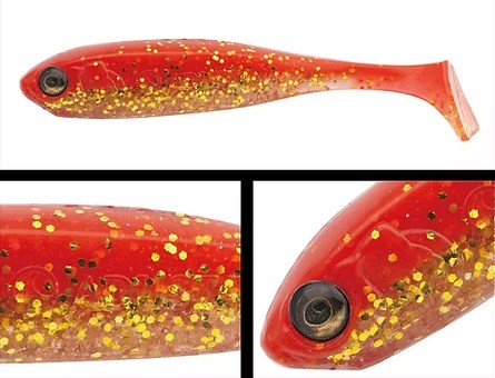 Силиконови примамки ADUSTA PENTA SHAD - 5.0cm/1.3gr (8 броя в опаковка) с червено златно оцветяване и блестящи частици.
