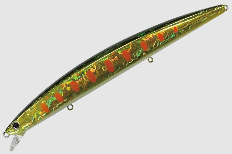 Воблер SMITH HALUCA 145F - 14.5cm / 19.0gr - Floating с реалистичен дизайн и ярки оранжеви точки.