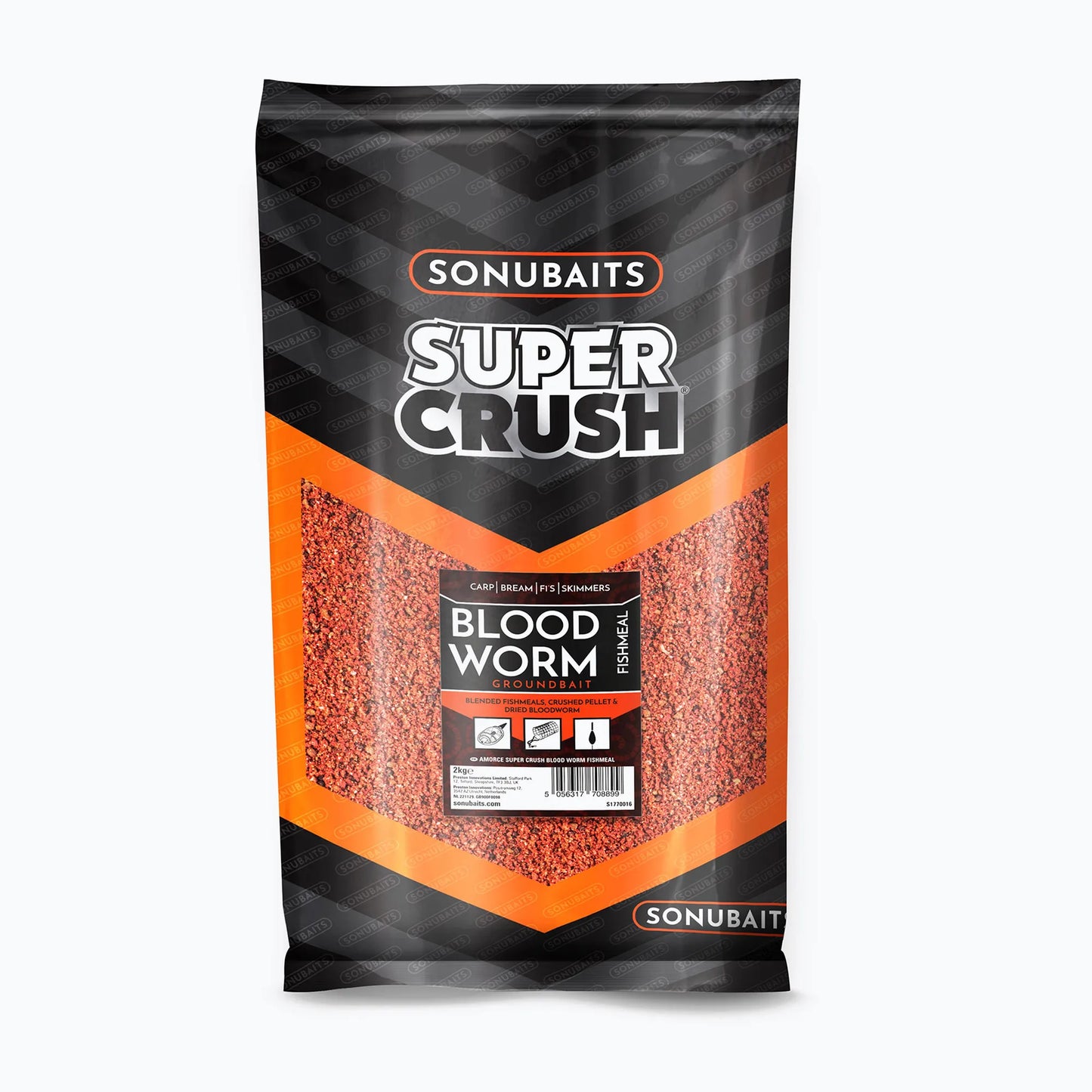 Захранка SONUBAITS Super Crush Bloodworm - 2kg опаковка с висока ефективност за риболов.
