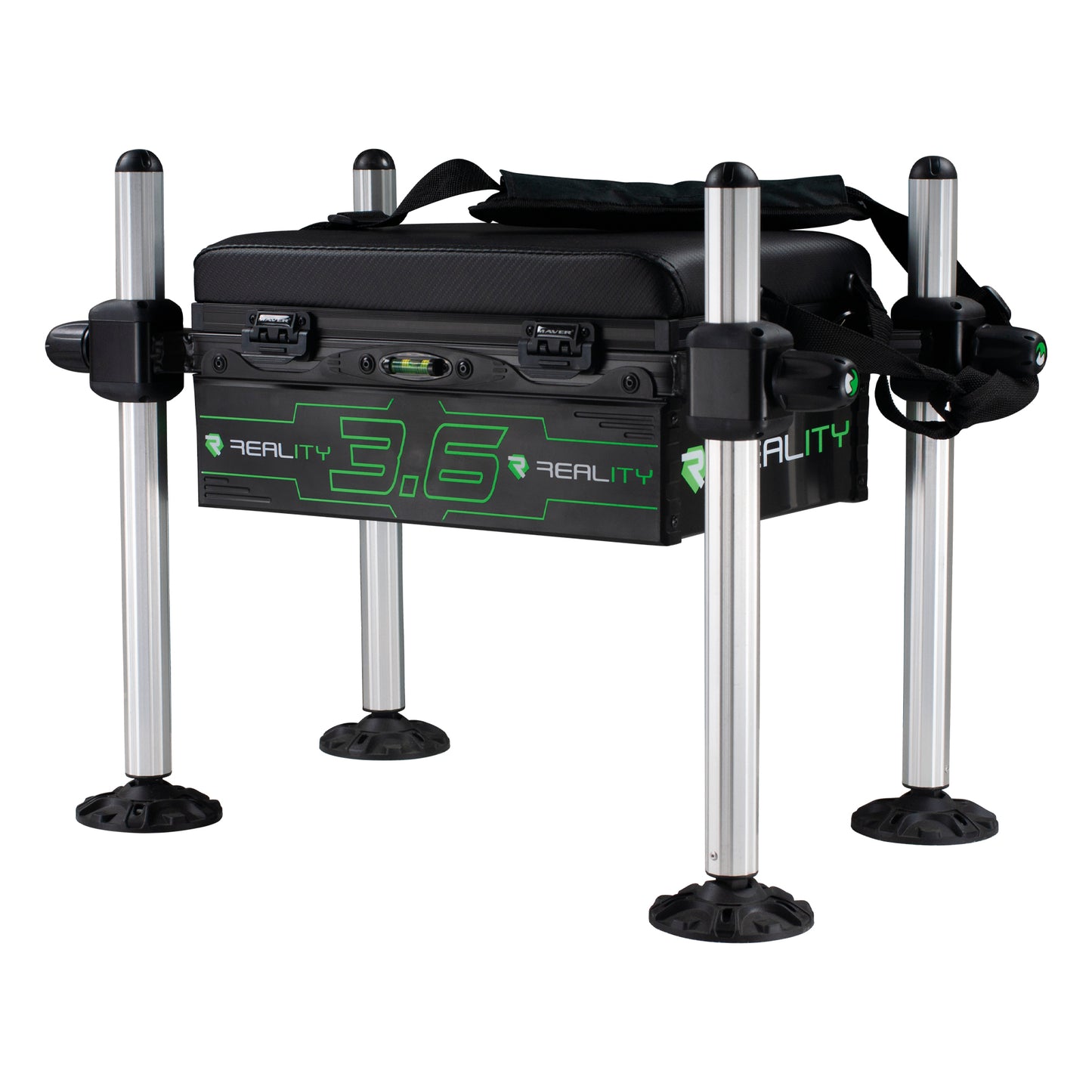 Платформа MAVER REALITY EASY SEAT BOX with sturdy legs and black design for versatile outdoor use.