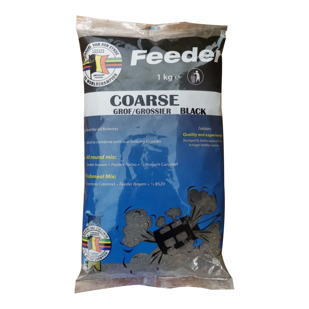 Захранка Van Den Eynde FEEDER COARSE BLACK - 1kg in packaging, ideal for feeder fishing and bait preparation.