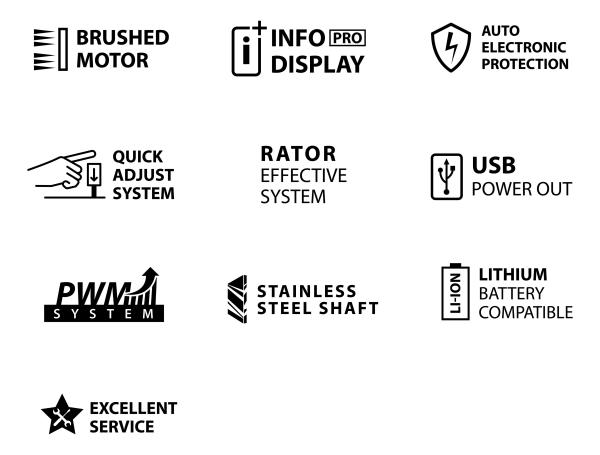 Icons for RHINO DX55V Electric Outboard Motor features: brushed motor, info display, USB power, and more.