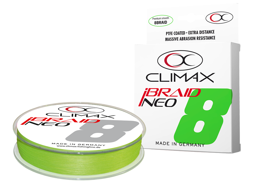 Плетено влакно CLIMAX iBRAID NEO X8 FLUO CHART - 135m, опаковано с красива зелена линия.
