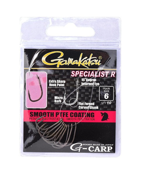 Куки за Carp Fishing GAMAKATSU G-CARP SPECIALIST R HOOK - GREY, опаковка с 10 куки, тефлоново покритие за гладко проникване.