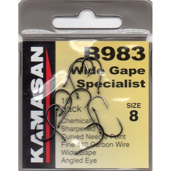 Куки Kamasan B983 Wide Gape Specialist - опаковка с 10 броя, изработени от висококачествена въглеродна тел.