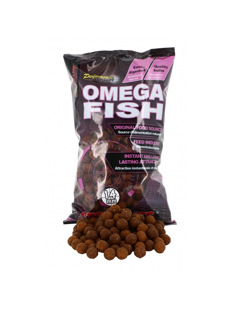 Протеинови топчета OMEGA FISH BOILIES 14MM - 1KG в опаковка с топчета рибен аромат.