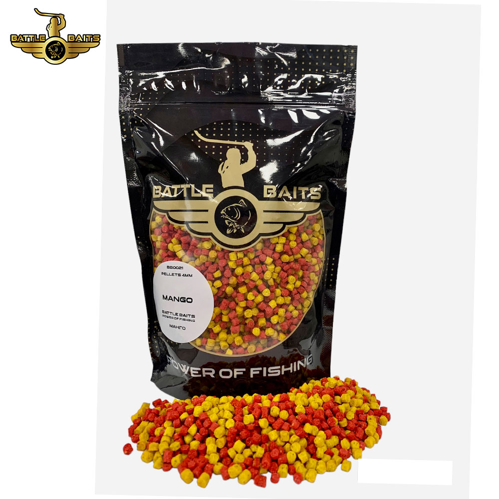 Пелети BATTLE BAITS MANGO 4mm/400gr в опаковка с аромат на манго за риболов.