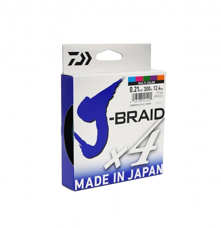Плетено влакно Daiwa J-BRAID X4 MULTICOLOR - 150м, опаковка с 4 нишки и многоцветно изпълнение.