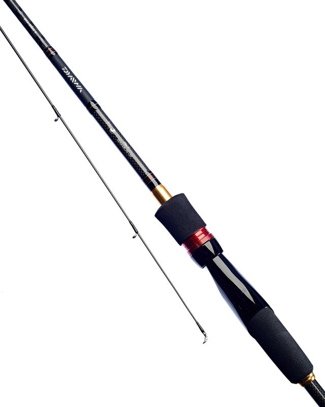 Light Спининг въдица Daiwa GEKKABIJIN LRF - 2.34m / 1-8gr & 1-10gr, изображение на спининг въдица с черно и червено дръжка.