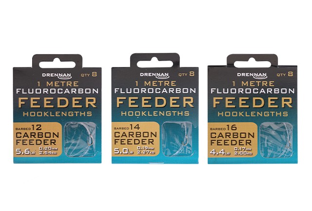 Вързани куки - DRENNAN CARBON FEEDER FLUOROCARBON - 100см, упаковка с куки размери 12, 14 и 16, идеални за риболов.