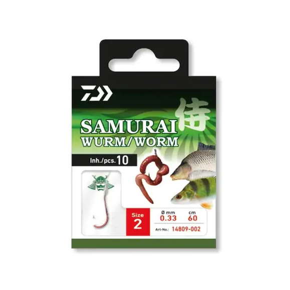 Вързани куки - DAIWA SAMURAI WORM HOOKS, модел 14809-002, размер 2, 60 см дължина, 0.33 мм дебелина, 10 опаковани.