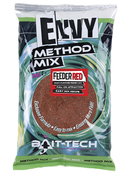 Захранка BAIT-TECH Envy Method Mix Feeder Red - 2kg packaging with branding and product details.