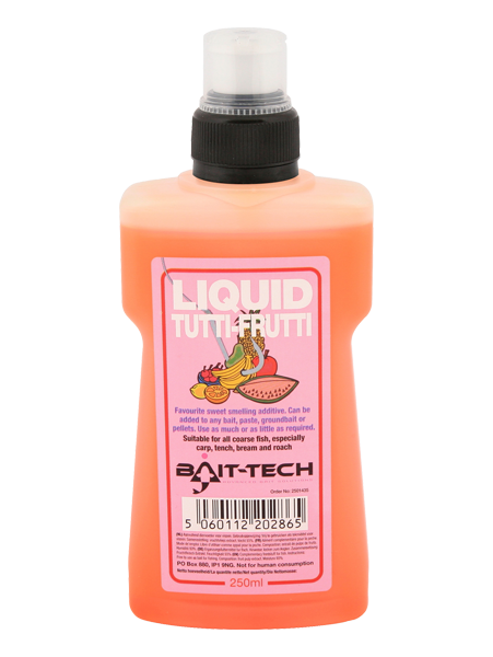 Течен ароматизатор BAIT TECH Liquid Tutti Frutti - 250ml в опаковка с ярък дизайн, идеален за риболов