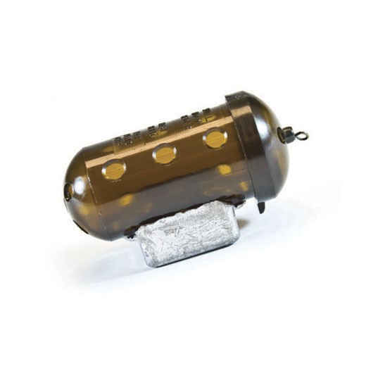Хранилка за фидер MIDDY Barbel Speed Feeder Small - 84gr, затворена конструкция с капак и вирбел.