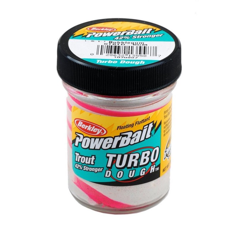 Паста Berkley Power Bait Turbo Dough - BUBBLE GUM в бурканче, плуваща паста за пъстърви, розов/бял цвят.