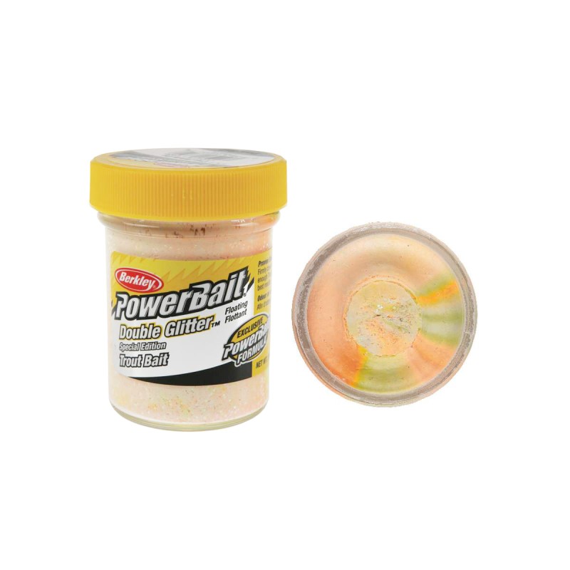 Паста Berkley Power Bait Double Glitter Twist - Chart/White/Orange в контейнер с капак и проба паста.