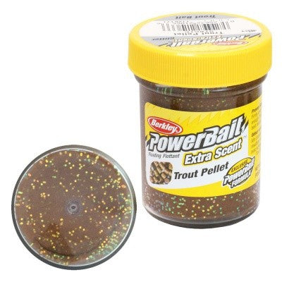 Паста Berkley Power Bait - Trout Pellet в бурканче с кафяв цвят и брокат за улов на пъстърви.