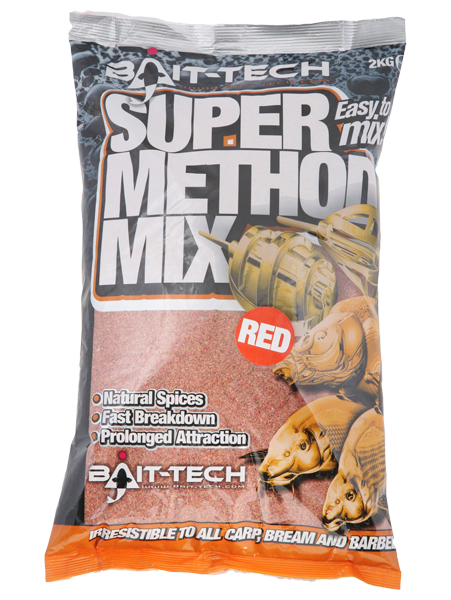 Захранка BAIT-TECH Super Method Mix Red - 2kg packaging featuring natural spices and fast breakdown features.