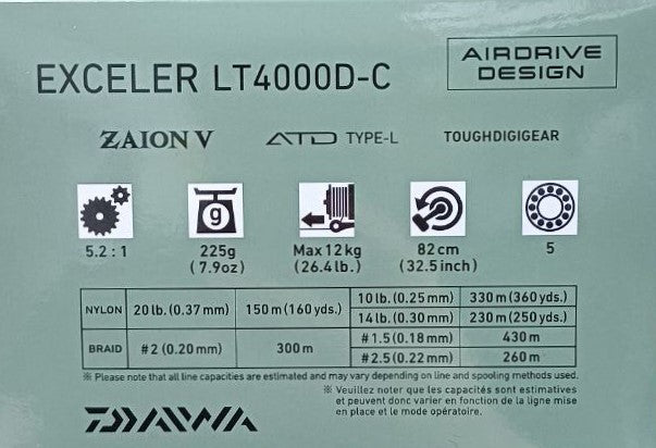 Макара с преден аванс DAIWA '23 EXCELER - спецификации и характеристики на модела LT4000D-C.