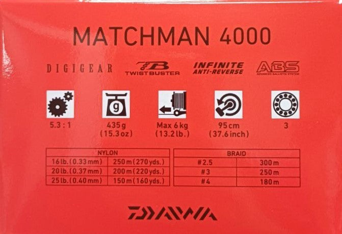 Макара с преден аванс DAIWA 23 MATCHMAN specifications and features on red background.