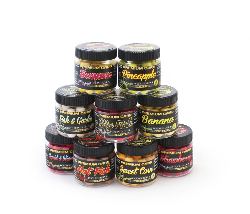 Плуващи топчета Pop-Ups FilStar Premium Carp 8mm/30gr в разнообразие от аромати, представени в удобни буркани.