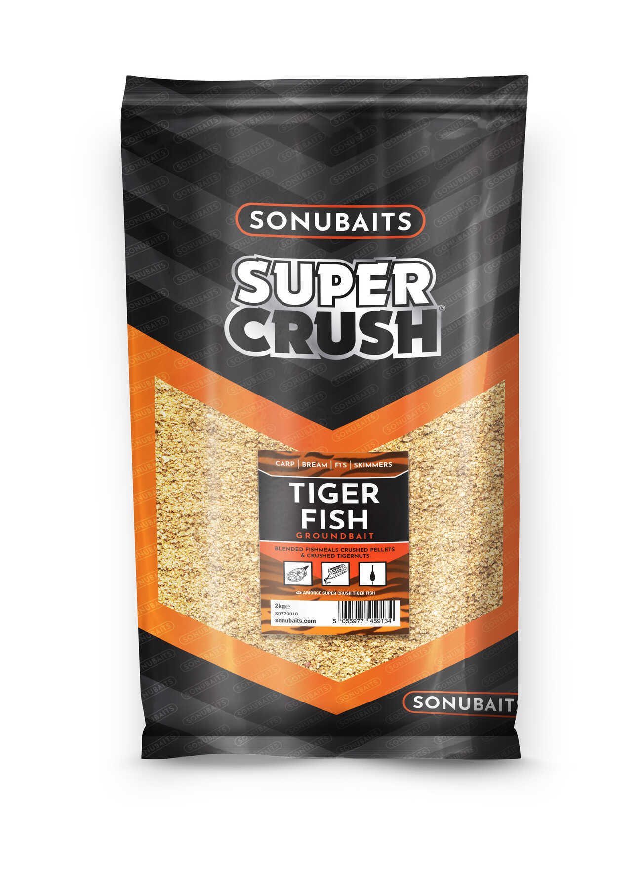 Захранка SONUBAITS Super Crush Tiger Fish - 2kg в опаковка с черен и оранжев дизайн.