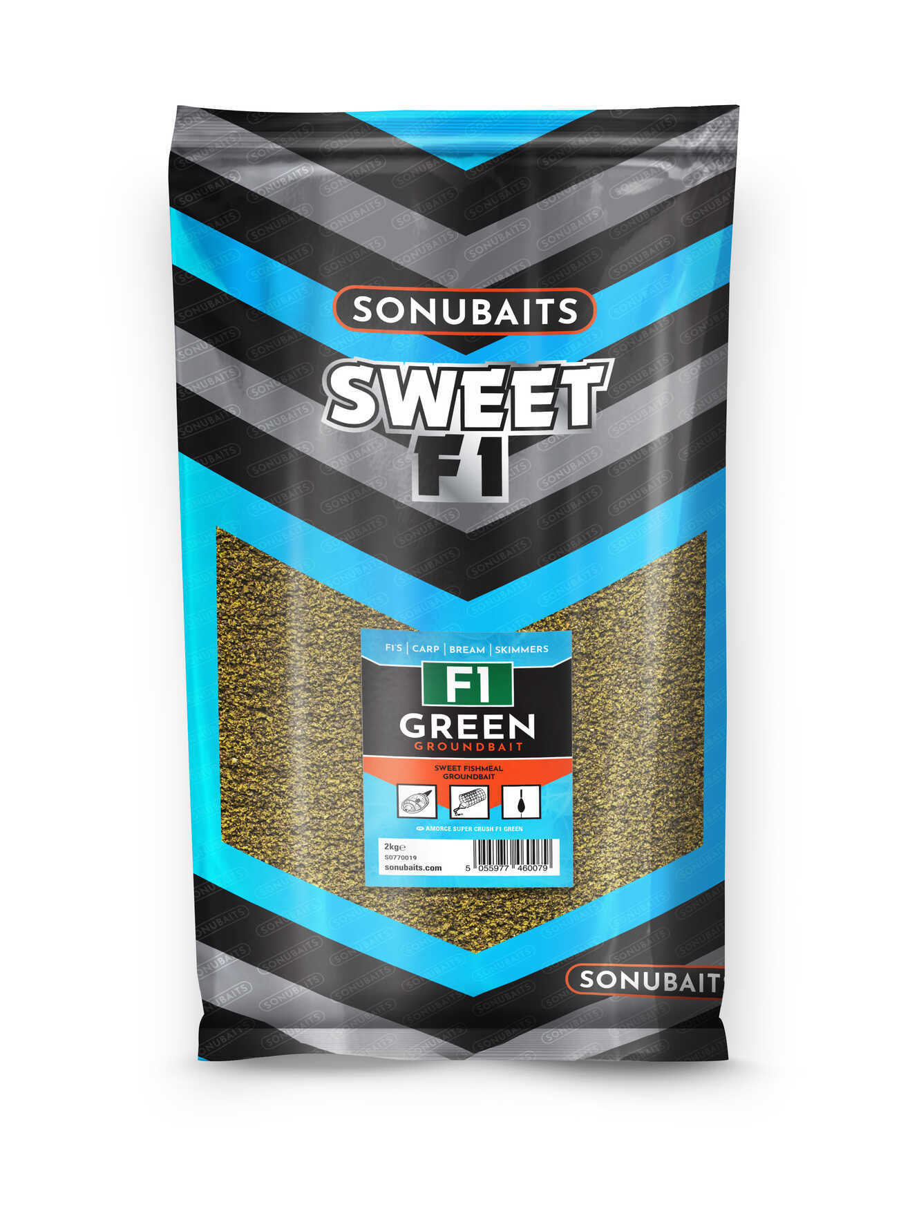 Захранка SONUBAITS F1 Green - опаковка на сладка рибна захранка за риболов на каракуда и шарани.