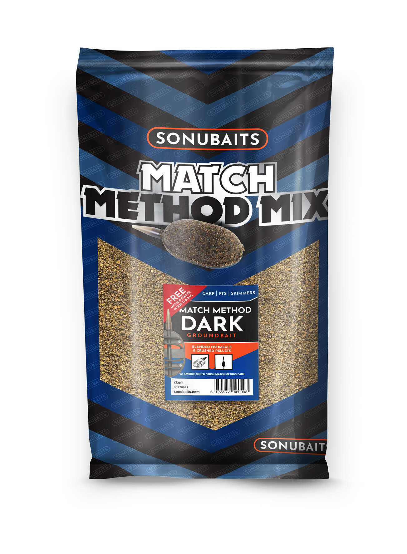 Захранка SONUBAITS Match Method Mix Dark - 2kg в опаковка с инструкции за приготвяне и информация за съдържание.