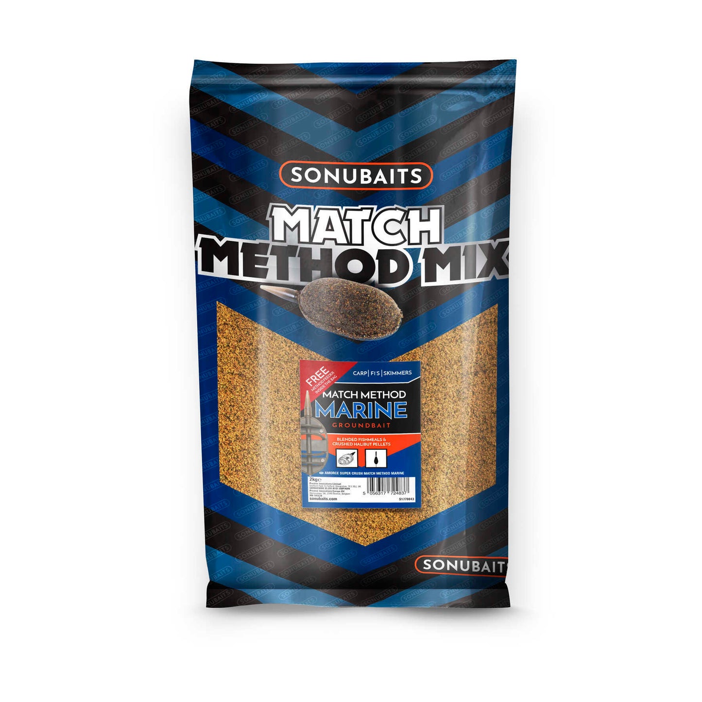 Захранка SONUBAITS Match Method Mix Marine - 2kg опаковка с инструкции за смесване и характеристиките на продукта.