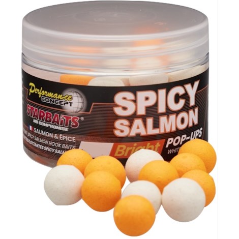 Плуващи топчета STARBAITS POP UP BRIGHT SPICY SALMON 14mm в контейнер, ярки цветове и висока плаваемост.
