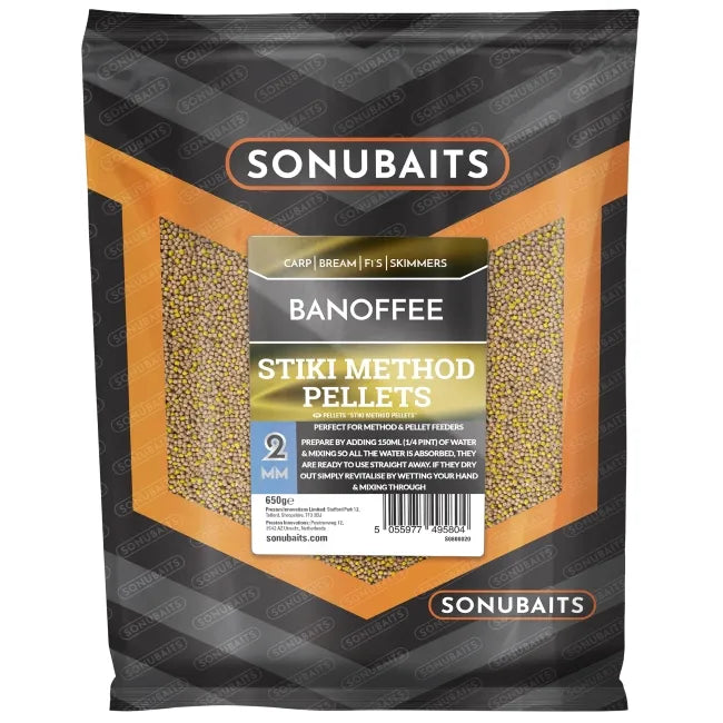 Пелети SONUBAITS Stiki Method Pellets Banoffee - 2mm в опаковка, идеални за риболов на шарани, бримове и скатове.