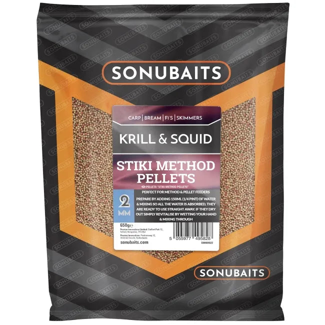 Пелети SONUBAITS Stiki Method Pellet Krill & Squid - 2mm - пакет с ароматизирани пелети за риболов.