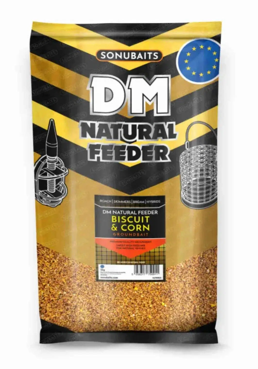 Захранка SONUBAITS DM Natural Feeder Groundbait - Biscuit & Corn 1kg packaging with product details.