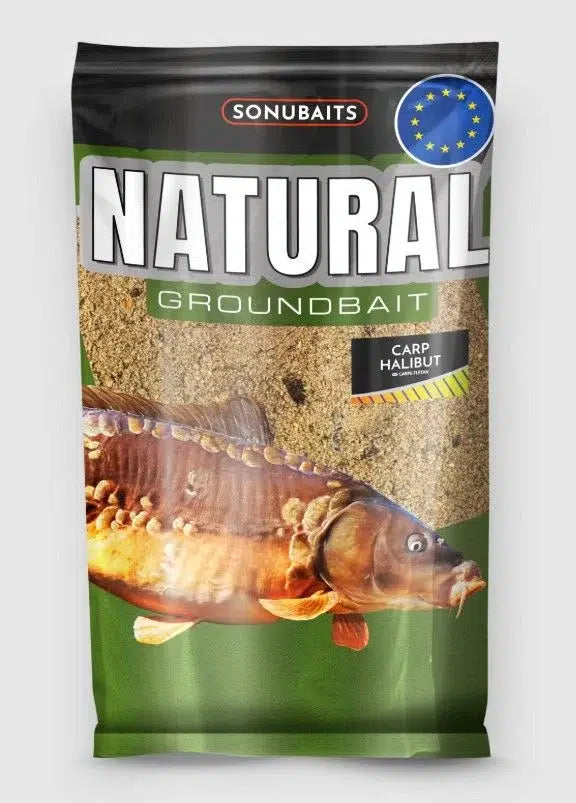 Захранка SONUBAITS Natural Carp Halibut - 1kg in packaging with fish image and product details