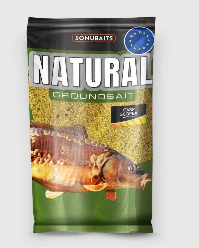 Захранка SONUBAITS Natural Carp Scopex - 1kg packaging featuring the product details and a carp image.