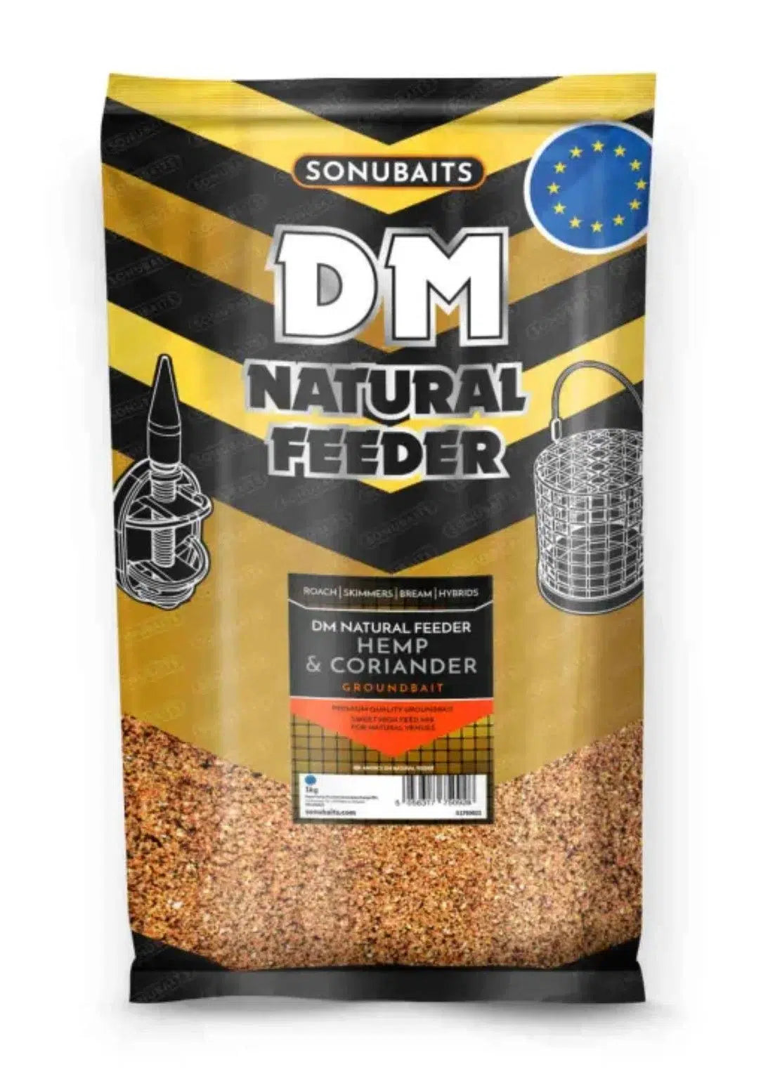 Захранка SONUBAITS DM Natural Feeder Groundbait - Hemp & Coriander 1kg pack, featuring hemp and coriander blend.