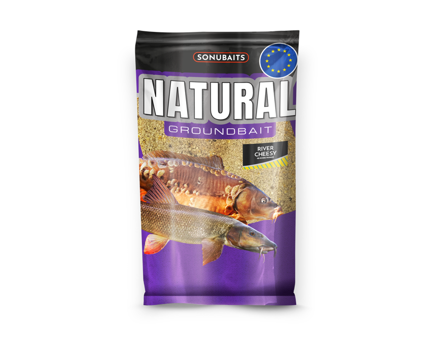 Захранка SONUBAITS Natural River Cheesy - 1kg packaging with fish images and natural ingredients.