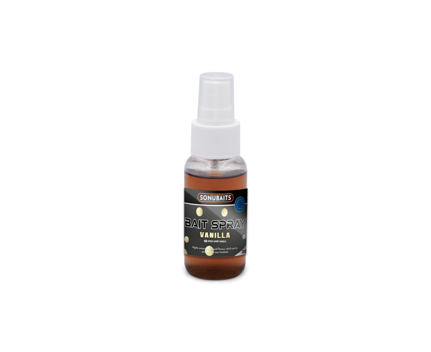 Течен ароматизатор SONUBAITS Bait Spray - 50ml с аромат на ванилия в бутилка със спрей.