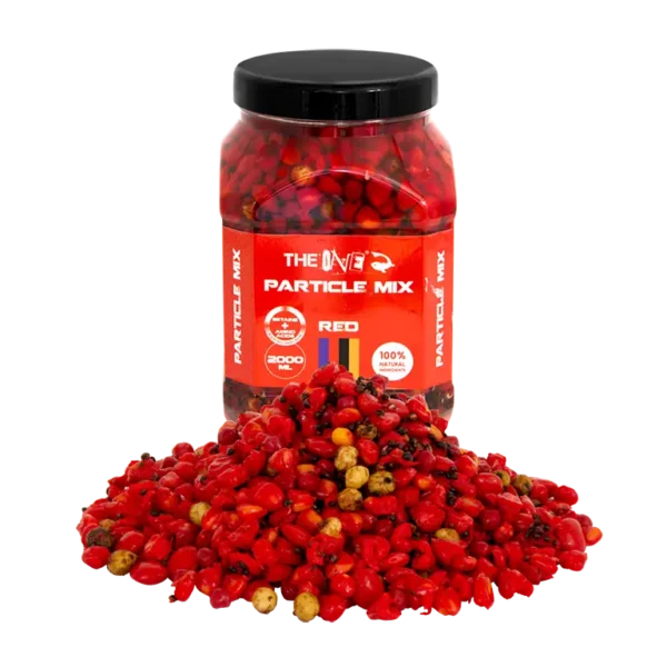 Спод микс THE ONE PARTICLE MIX RED 2L with red and yellow particles in front of the jar.