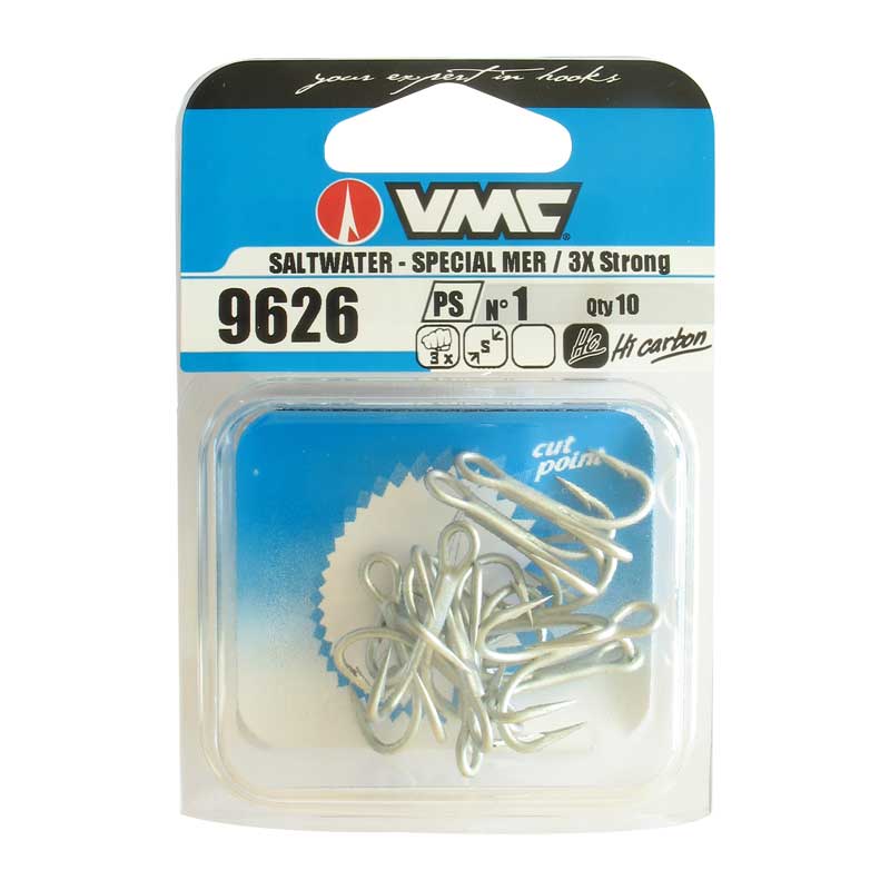 Тройни куки VMC 9626 PS O'Shaughnessy 3X-Strong X-Short Treble в опаковка за соленоводен риболов.