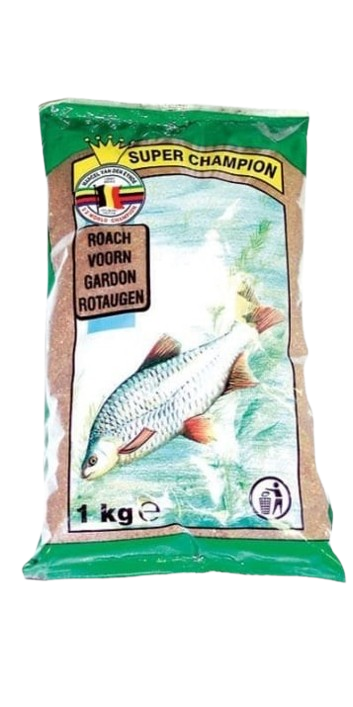 Захранка VDE Super Champion Roach 1kg - Black/White in a package featuring a fish illustration.