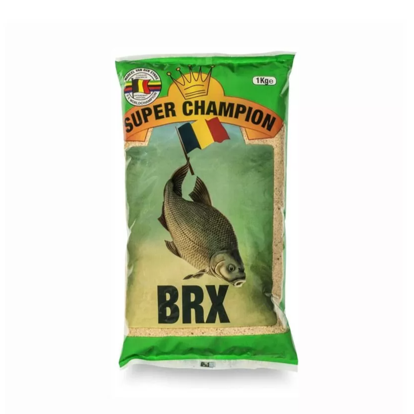 Захранка Van Den Eynde BRX - 1kg в зелена опаковка с изображение на риба и коронка, идеална за риболов.