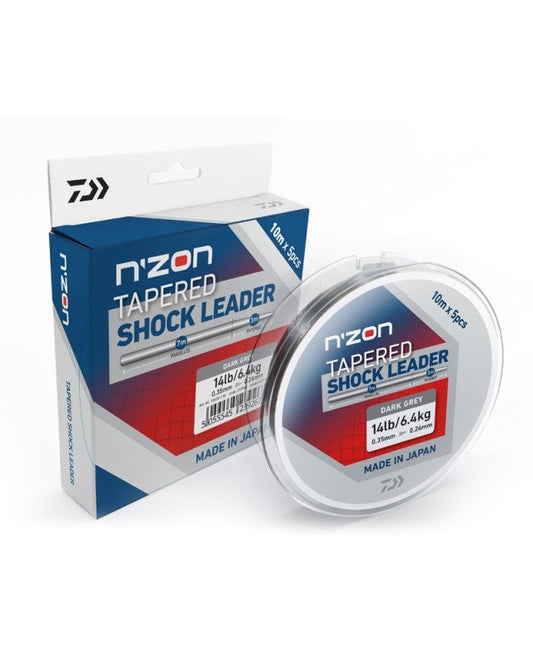 Ролка и опаковка Daiwa N’ZON Tapered Shock Leader с видима схема на конусовидния шок лидер.