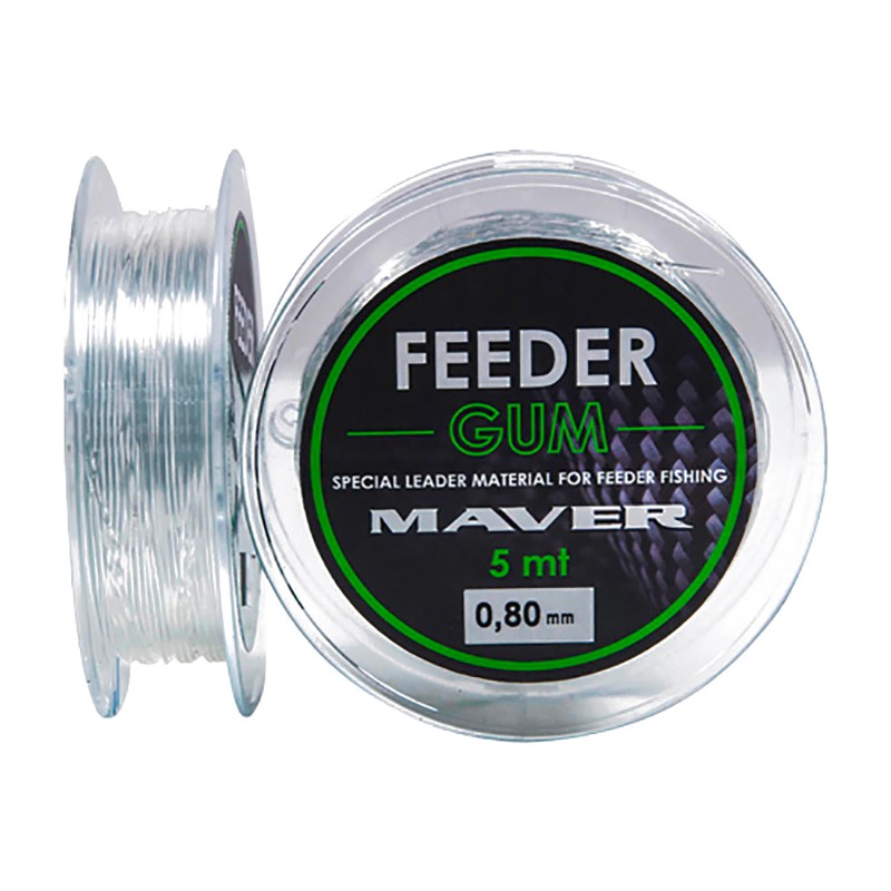 Прозрачна ролка MAVER Feeder Gum, показана отпред и отстрани, с навит еластичен материал за фидер.