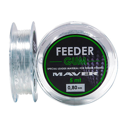 Прозрачна ролка MAVER Feeder Gum, показана отпред и отстрани, с навит еластичен материал за фидер.