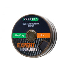Плетено влакно за поводи Carp Pro HOOKLINK COATED BROWN 7m/15lbs в опаковка с данни за налягане и дължина.