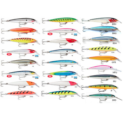Воблер RAPALA FLOATING MAGNUM® - 11cm/15gr assortment showcasing various color patterns and fishing applications.