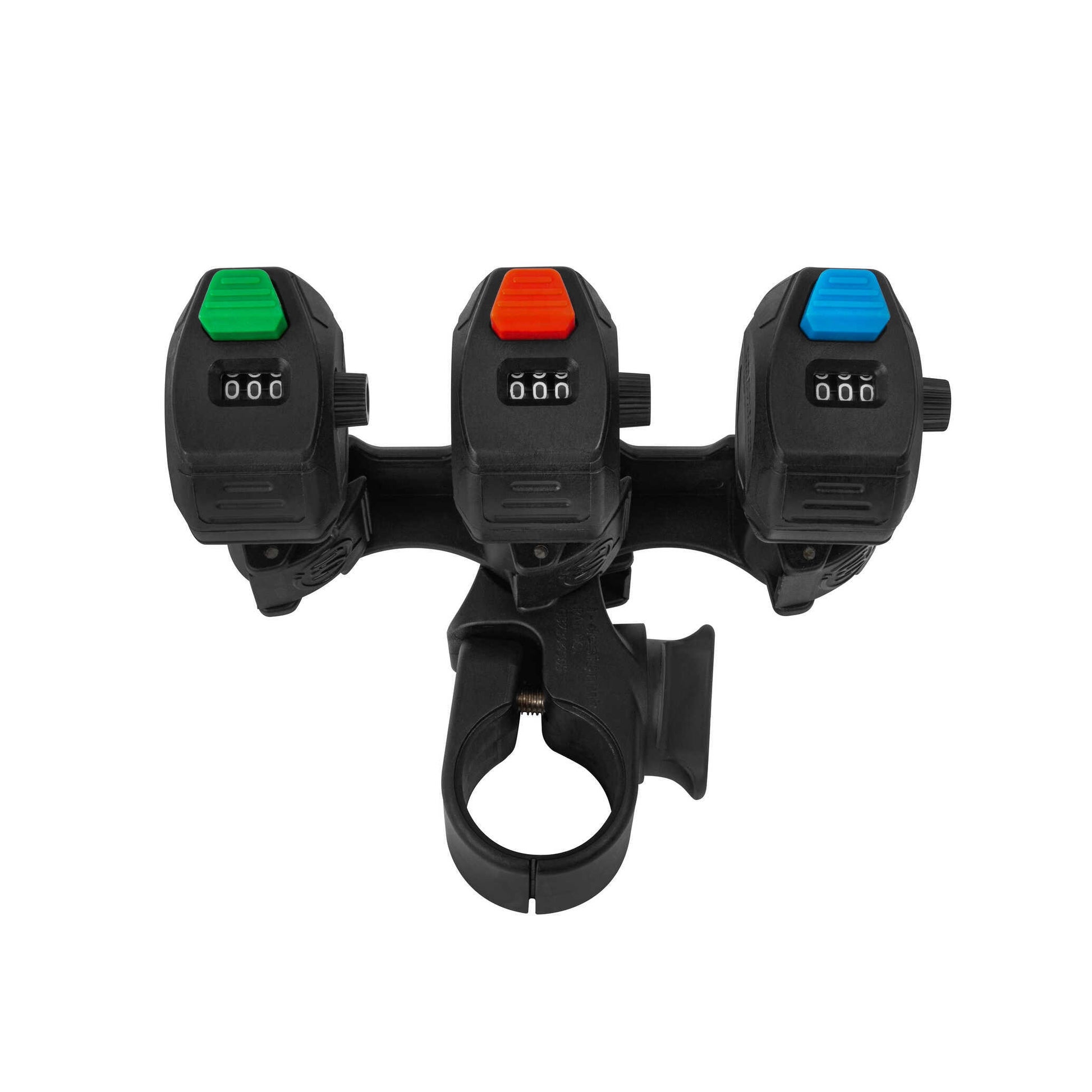 Троен брояч PRESTON Offbox Triple Clicker Counter with three buttons in black, green, orange, and blue.