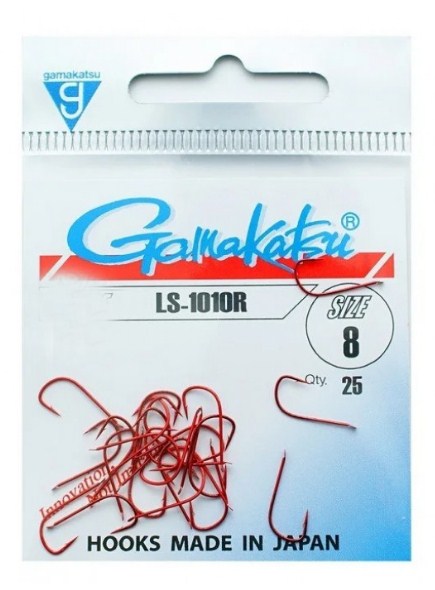 Куки GAMAKATSU LS 1010R - RED в опаковка от 25 броя, размер 8, идеални за деликатен риболов със стръв.
