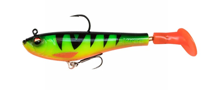 Хибридна примамка BIWAA SPINJET - 10.0cm/18gr, #12 - Fire Tiger design, vibrant green and orange colors.